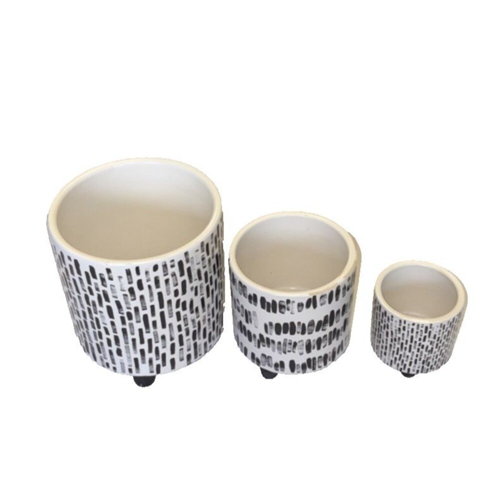 3 Nesting Footed Hand Painted Dash or Crack Jar Design White & Black Pots